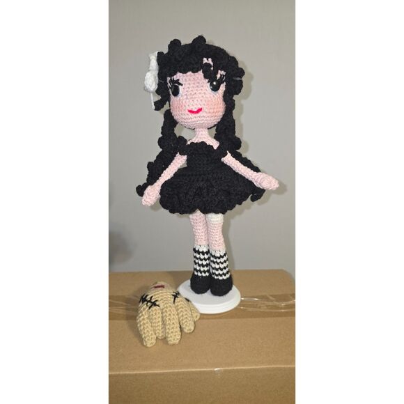 Handmade Crochet Wednesday Addams Doll with “Thing” Companion - Picture 2 of 14
